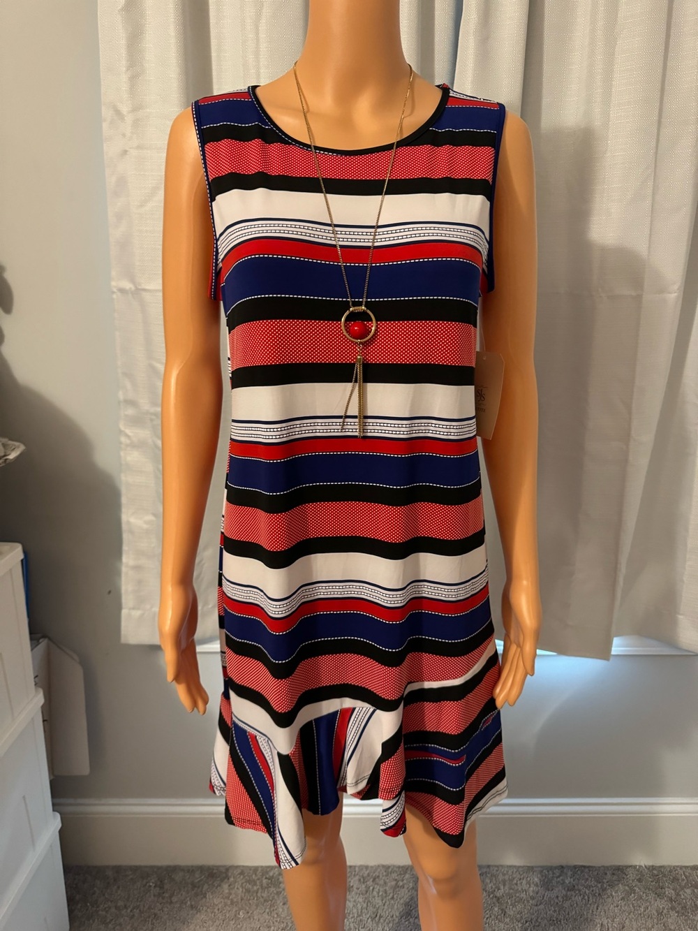 Cute SJS Petites size SP red white blue striped sleeveless dress pullover new